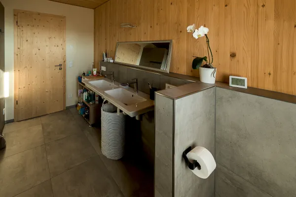 massivholzhaus, massivholz, holzhaus, holzhausbau, hausbau, holzbau, efh, einfamilienhaus, einfamilienhaus aus holz, holzfassade, badezimmer