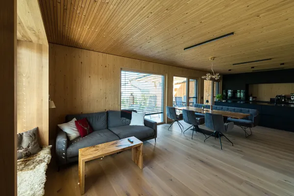 wohnraum, holzhaus, massivholzhaus, neubau, massivholz, holzdecke, holzwaende